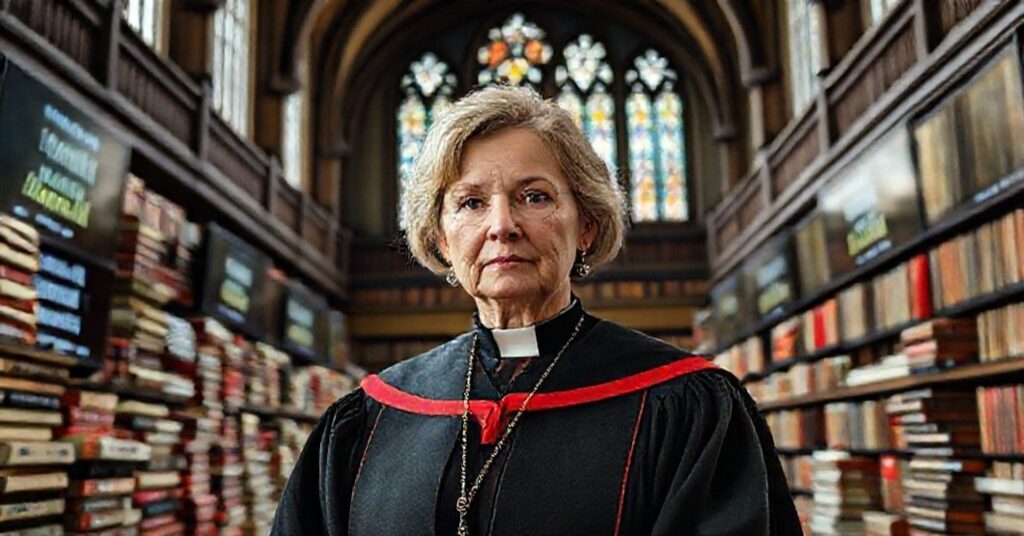 Portret doktor Doroty Tokarskiej z KUL przed biblioteką uniwersytecką z ksiądzmi papieskimi o sprawiedliwości społecznej na tle promocyjnych reklam Black Friday.