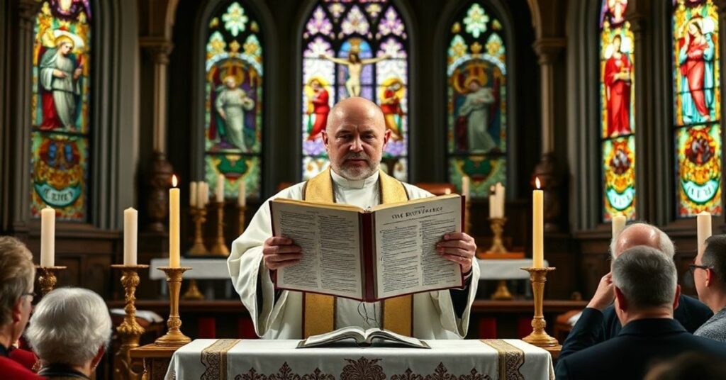 Sobór katolicki z tradycyjnym ołtarzem i kapłanem w kapeluńskiej szacie wygłaszającym kazanie o błędzie teologicznym łączenia chrześcijaństwa z talmudycznym judaizmem.