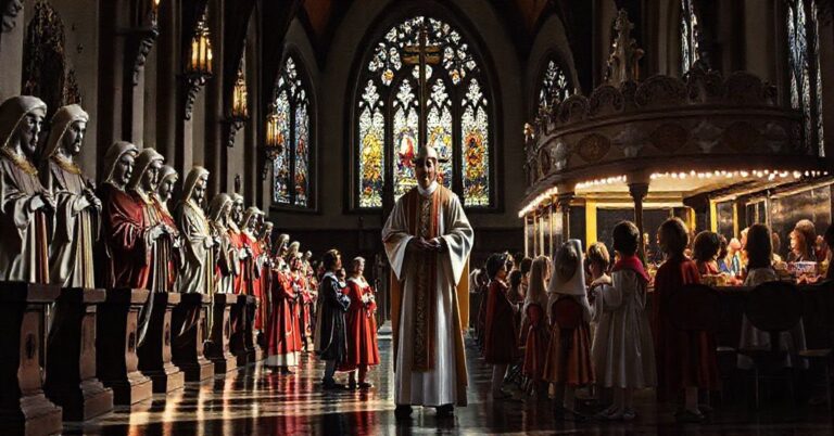 Wnętrze kościoła z tradycyjnymi figurami świętych kontrastujące z nowoczesnym balem karnawałowym dla dzieci w przebraniach świętych. Kapłan w liturgicznym stroju stoi obok stoisku zabaw.