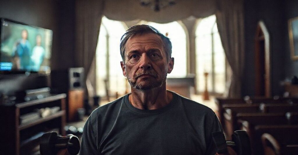 Portret Błażeja Króla w ciemnym pomieszczeniu otoczony świeckimi rozrywkami i brakiem duchowości