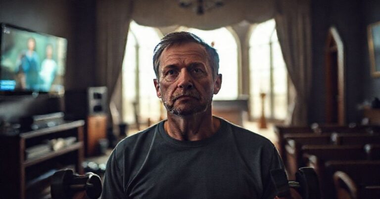 Portret Błażeja Króla w ciemnym pomieszczeniu otoczony świeckimi rozrywkami i brakiem duchowości