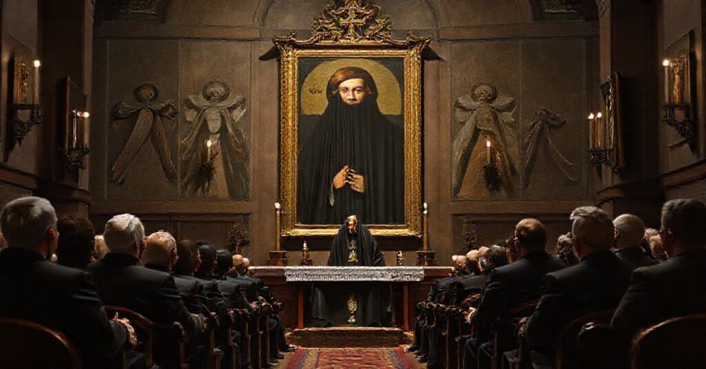 Wnętrze kaplicy sejmowej podczas pseudoliturgii przed zawieszeniem wizerunku św. Tomasza More'a przez fałszywego duchownego Piotra Mazurkiewicza.