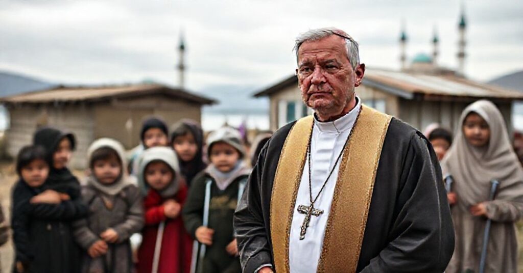 Ksiądz w tradycyjnych szatach kościelnych stoi przy ośrodku rehabilitacyjnym nad jeziorem Issyk-Kul w Kirgistanie. W tle widoczne są niezbyt widoczne minarety. Dzieci z lokalnych rodzin muzułmańskich otaczają księdza, symbolizując opiekę materialną bez ewangelizacji.