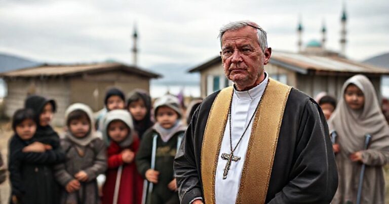 Ksiądz w tradycyjnych szatach kościelnych stoi przy ośrodku rehabilitacyjnym nad jeziorem Issyk-Kul w Kirgistanie. W tle widoczne są niezbyt widoczne minarety. Dzieci z lokalnych rodzin muzułmańskich otaczają księdza, symbolizując opiekę materialną bez ewangelizacji.