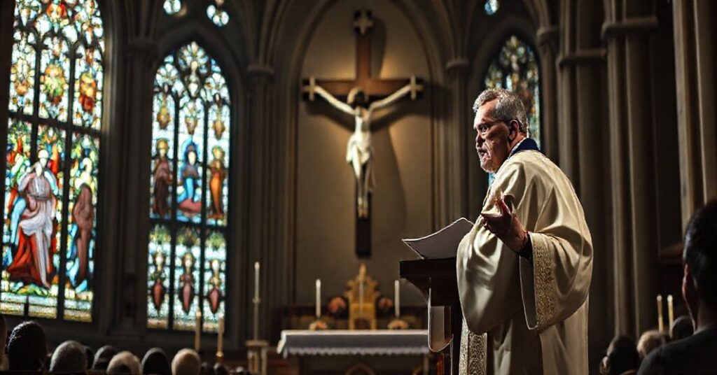 Wewnątrz tradycyjnego kościoła katolickiego, kapłan w ornaty wypowiada kazanie, podkreślając błędne nauki modernizmu w odniesieniu do świętości. Na tle wisi duży krzyż, symbolizujący prawdziwą drogę do uświęcenia przez łaskę i pokutę.