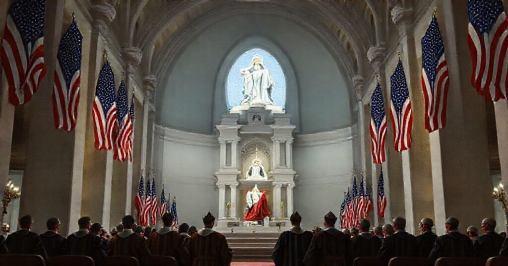 Bazylika Narodowego Sanktuarium Niepokalanego Poczęcia w Waszyngtonie z amerykańską flagą. Scena wyobraża błędną narodową dewocję maryjną.