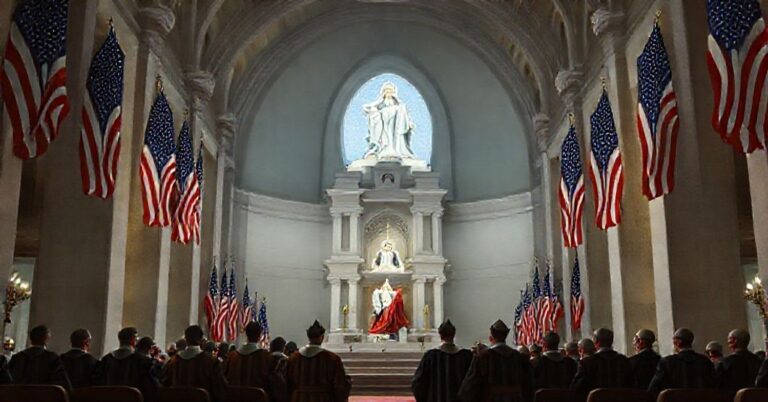 Bazylika Narodowego Sanktuarium Niepokalanego Poczęcia w Waszyngtonie z amerykańską flagą. Scena wyobraża błędną narodową dewocję maryjną.