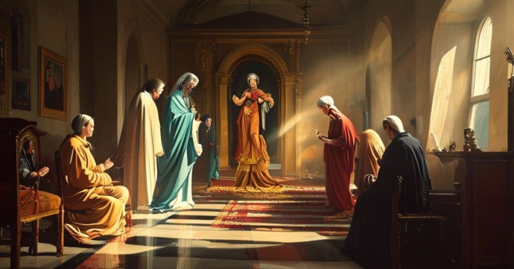 Tradycyjna katolicka rodzina modlących się przed obrazem Matki Bożej w domowym wnętrzu. Tło przedstawia nieortodoksyjny kult "Pielgrzymującej Matki Bożej" promowany przez modernistyczne ruchy.