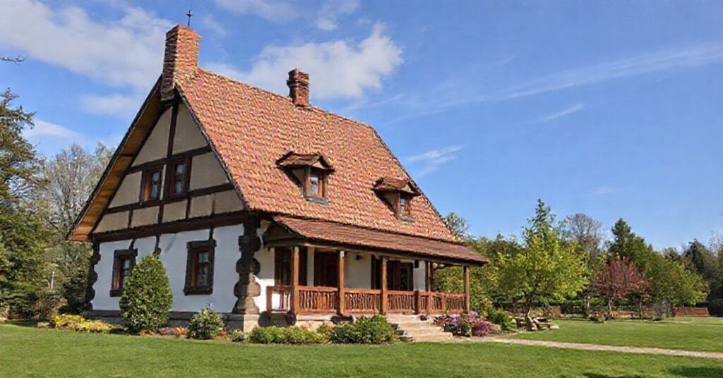 Staropolski dom wiejskiego mieszkającego na tle wiosennego kraju obłoków, z widokiem na uroczy park. Mężczyzna w tradycyjnym stroju trzyma banknoty. Nowoczesny telefon z symbolem BLIK leży na stole.