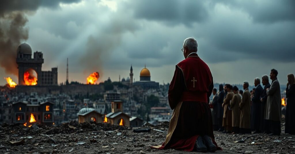 Scena wojny na Bliskim Wschodzie z tradycyjnym katolickim księdzem modlącym się na przedzie i grupą pielgrzymów.