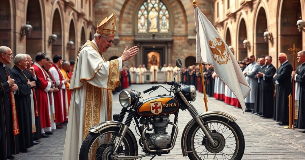 Klasztorny kapłan błogosławiący motocyklista z papieskim herbem przed kościołem, symbol odnowy i tradycji katolickiej