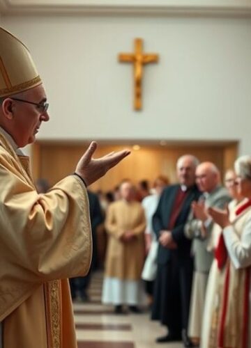 Biskup błogosławiący kaplicę szpitalną - autentyczna liturgia katolicka Realistyczne, pełne szacunku zdjęcie katolickiego biskupa lub kapłana błogosławiącego kaplicę w szpitalu, z powagą i skupieniem, odzwierciedlające autentyczną liturgię katolicką