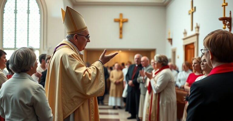 Realistyczne, pełne szacunku zdjęcie katolickiego biskupa lub kapłana błogosławiącego kaplicę w szpitalu, z powagą i skupieniem, odzwierciedlające autentyczną liturgię katolicką