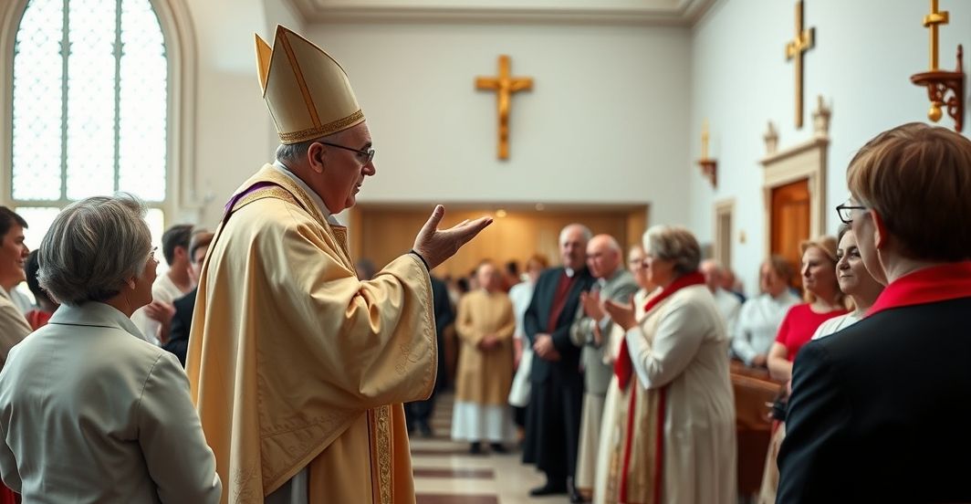 Realistyczne, pełne szacunku zdjęcie katolickiego biskupa lub kapłana błogosławiącego kaplicę w szpitalu, z powagą i skupieniem, odzwierciedlające autentyczną liturgię katolicką
