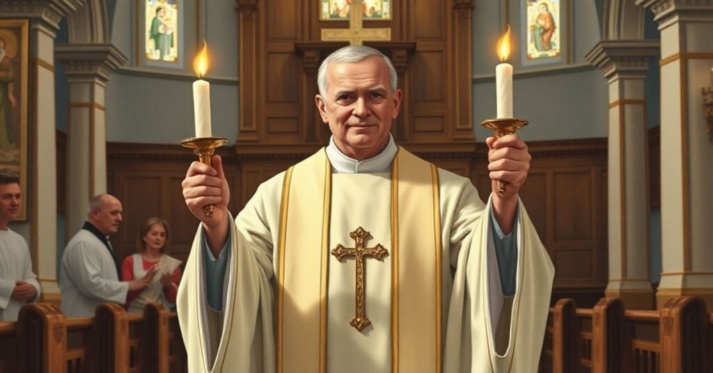 Tradycyjne katolickie przedstawienie błogosławieństwa gardła przez św. Błażeja w uroczystym kościelnym wnętrzu, z kapłanem w pełnych ornatach liturgicznych trzymającym poświęcone świece w kształcie krzyża św. Andrzeja.