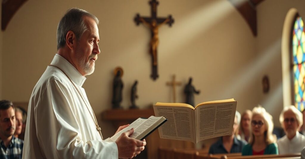 Tradycyjny ksiądz wygłasza kazanie w kościele o Błogosławieństwach z Górki