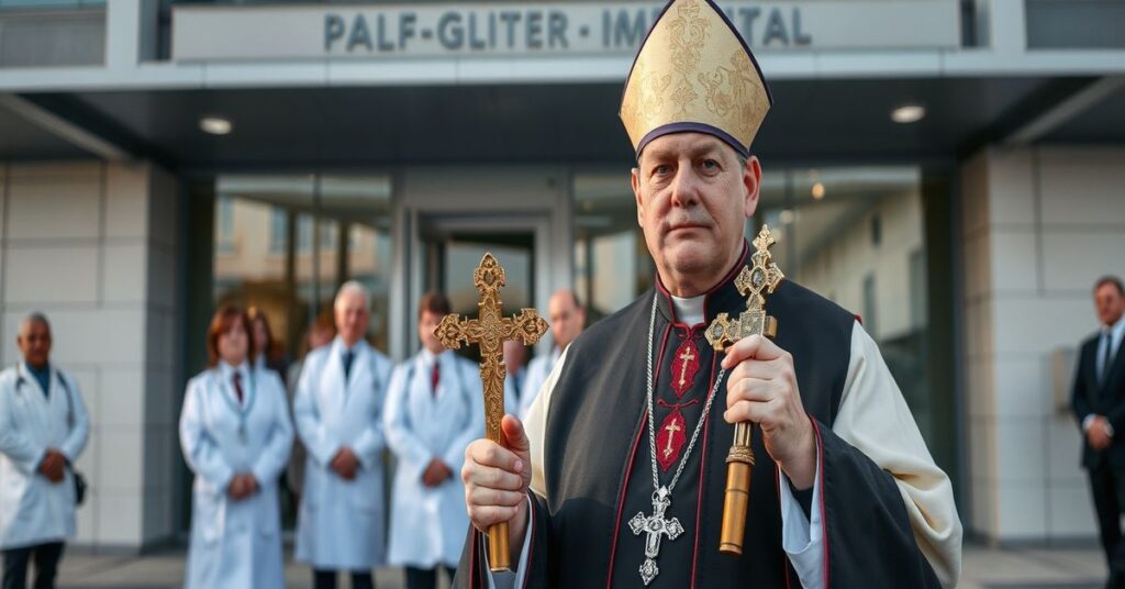 Obraz przedstawiający abpa Adama Szala podczas błogosławieństwa nowego budynku Podkarpackiego Centrum Interwencji Sercowo-Naczyniowych w Sanoku 20 marca 2026 r.