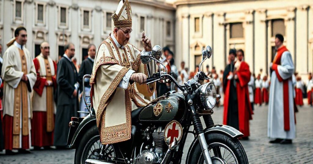 Reverentna scena katolickiej błogosławieństwa motocykla na Placu św. Piotra, ukazująca tradycyjne vestmenty, kapłana i wiernych w głębokiej modlitwie