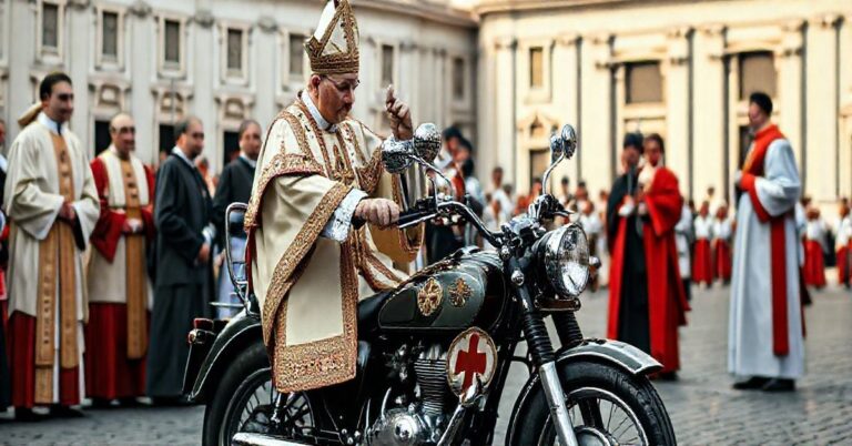 Reverentna scena katolickiej błogosławieństwa motocykla na Placu św. Piotra, ukazująca tradycyjne vestmenty, kapłana i wiernych w głębokiej modlitwie
