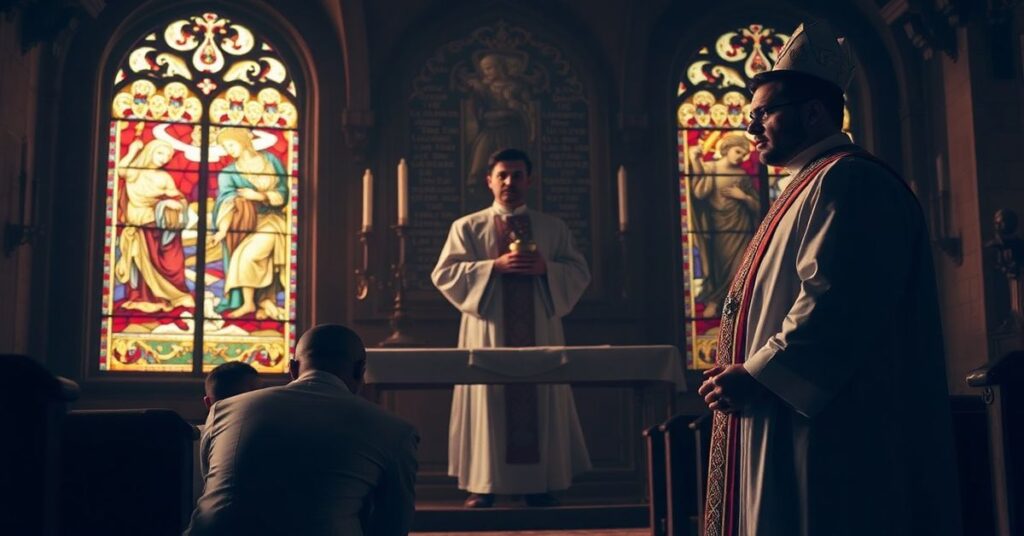 Katolicki ksiądz w tradycyjnym stroju liturgicznym stoi w kościele przed parą homoseksualną, udzielając błogosławieństwa na tle przedstawień biblijnych.