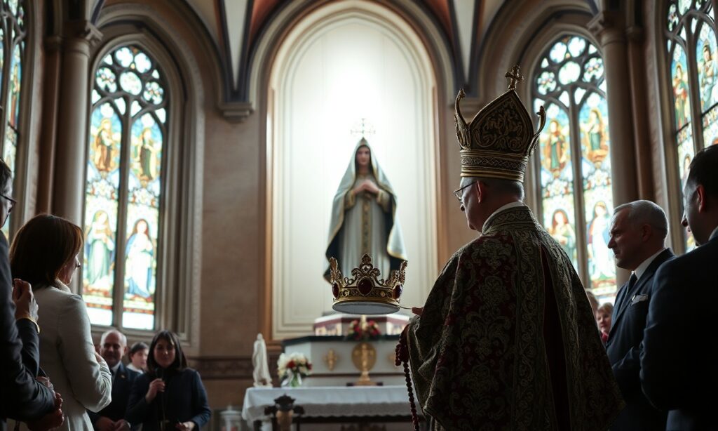 Błogosławieństwo uzurpatora dla kultu fatimskiego w Szczecinie - obraz przedstawiający Leon XIV przed rzeźbą Matki Bożej Fatimskiej podczas ceremonii w sanktuarium na Osiedlu Słonecznym.