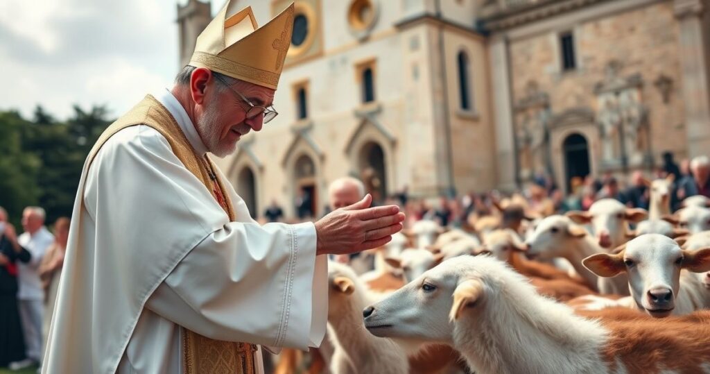 Fotografia realistyczna katolickiego kapłana błogosławiącego zwierzęta podczas tradycyjnego obrzędu w kościele, symbolizująca autentyczną religijność i szacunek dla sakramentów w duchu katolickim.