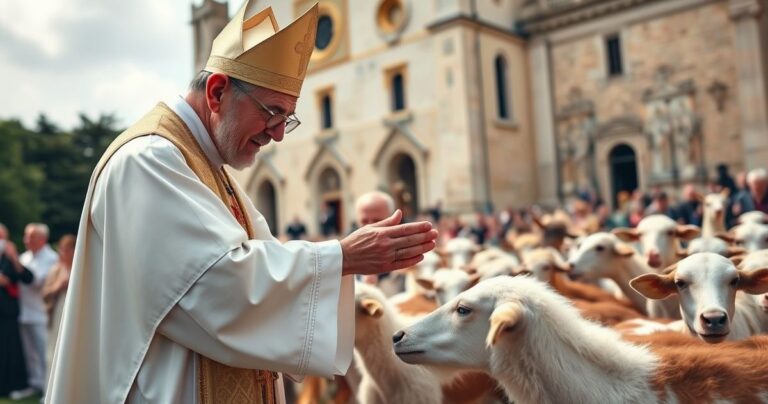 Fotografia realistyczna katolickiego kapłana błogosławiącego zwierzęta podczas tradycyjnego obrzędu w kościele, symbolizująca autentyczną religijność i szacunek dla sakramentów w duchu katolickim.