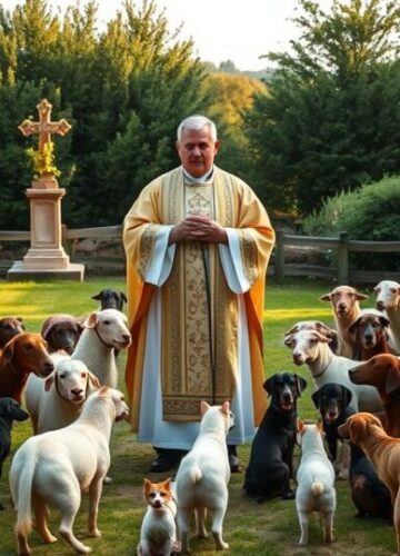 Katolickie błogosławieństwo zwierząt - tradycyjna scena liturgiczna Realistyczne zdjęcie katolickiego błogosławieństwa zwierząt na zewnątrz kościoła, z kapłanem w liturgicznych szatach i zgromadzonymi zwierzętami, oddające powagę i wierność tradycji katolickiej