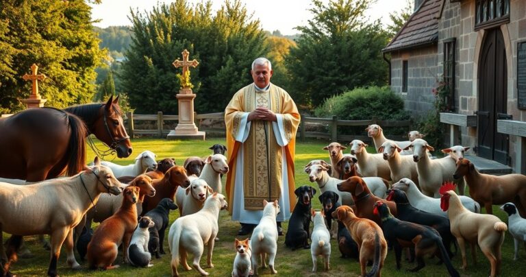 Realistyczne zdjęcie katolickiego błogosławieństwa zwierząt na zewnątrz kościoła, z kapłanem w liturgicznych szatach i zgromadzonymi zwierzętami, oddające powagę i wierność tradycji katolickiej