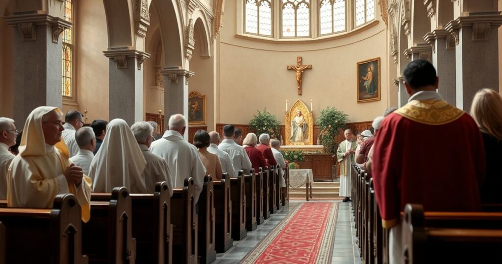 Religijna scena kościoła katolickiego podczas błogosławieństwa ziół 15 sierpnia, ukazująca kapłanów i wiernych w tradycyjnej liturgii