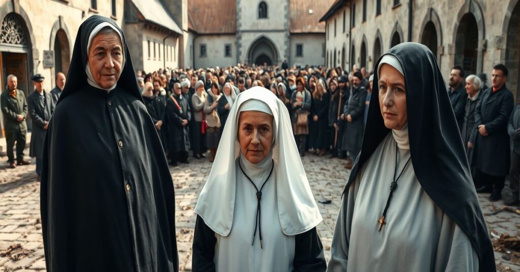 Błogosławione siostry nazaretanki z Nowogródka w tradycyjnych habitach stojące przed grupą mieszkańców miasta w czasie II wojny światowej