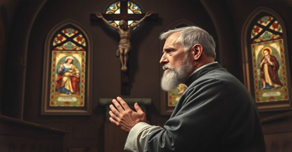 Portret błogosławionego księdza Jerzego Popiełuszki w tradycyjnym stroju kapłańskim, modlącego się przed krzyżem w kaplicy o witrażach przedstawiających prześladowania wiary.