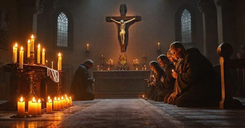 Błogosławiony Władysław Ulma modliący się w koście św. Doroty w Markowej z rodziną przed krzyżem.