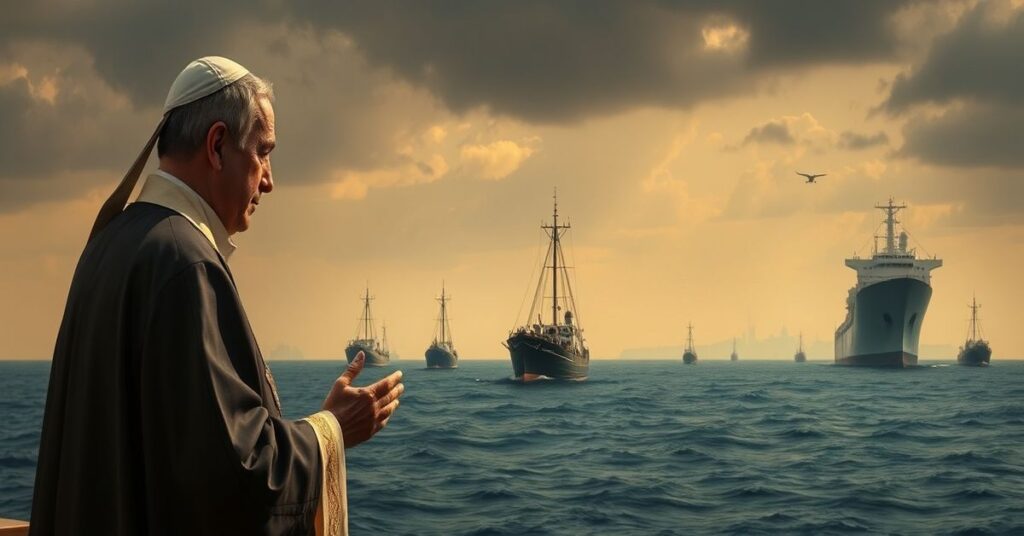 Obraz przedstawiający blokadę Cieśniny Ormuz z perspektywy katolickiej, ukazujący statki handlowe i marynarzy uwięzionych w kryzysie geopolitycznym.