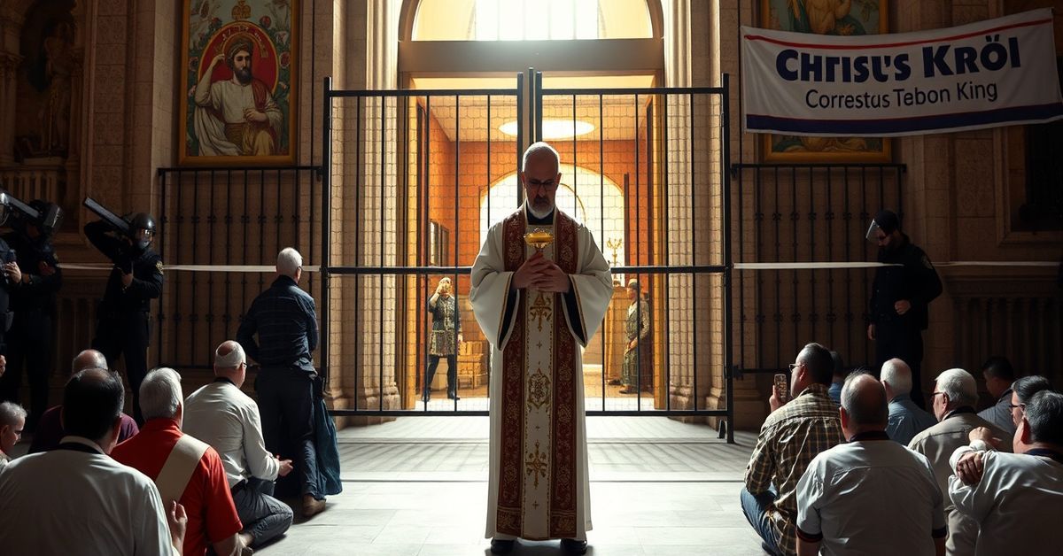 Tradycyjny katolicki ksiądz w ornacie mszałowym stojący przed zamkniętymi drzwiami Bazyliki Grobu Świętego w Jerozolimie. W tle policja izraelska blokuje dostęp. Ksiądz trzyma monstrancję z Najświętszym Sakramentem otoczony modlącymi się wiernymi.