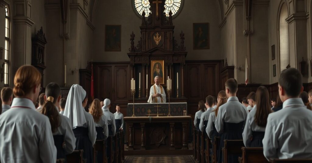 Klasa szkolna z tradycyjnym ołtarzem i uczniami w dawnych mundurach szkolnych na tle architektury kościelnej