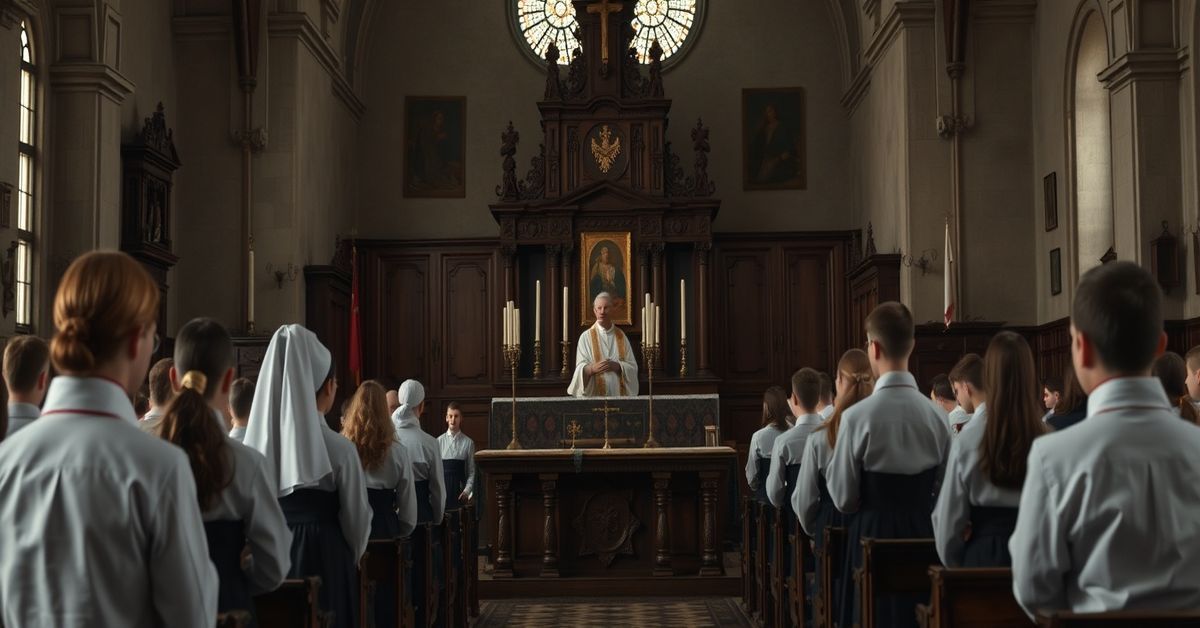 Blokada projektu religii w szkole - obraz tradycyjnej edukacji katolickiej Klasa szkolna z tradycyjnym ołtarzem i uczniami w dawnych mundurach szkolnych na tle architektury kościelnej