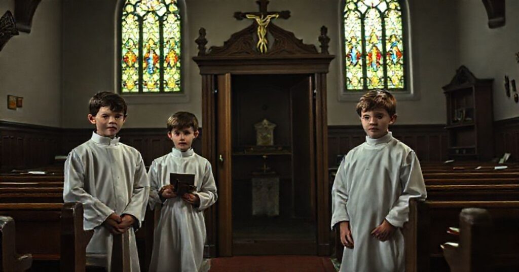 Scena w tradycyjnym kościele katolickim przedstawiająca czterech ministrantów w blasfemicznych działaniach