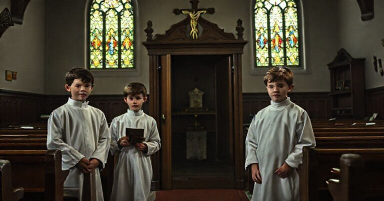 Scena w tradycyjnym kościele katolickim przedstawiająca czterech ministrantów w blasfemicznych działaniach