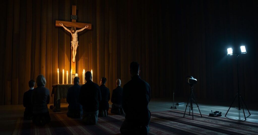 Tradycyjne katolickie sceny kontrastujące z wirtualną rzeczywistością