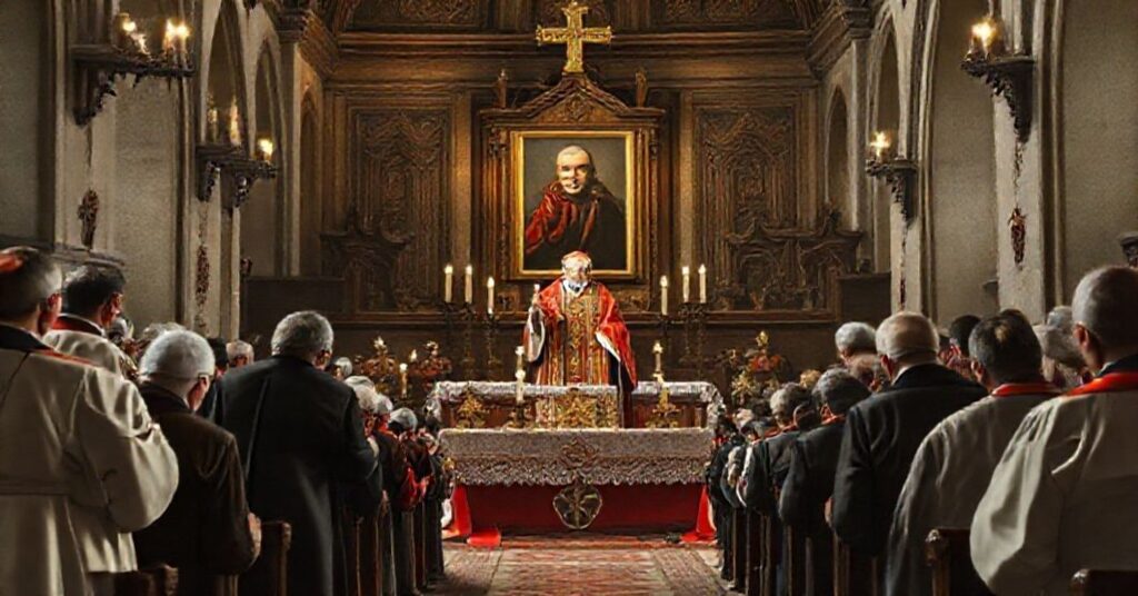 Obraz przedstawiający bluźnierczy kult Karola Wojtyły w strzyżowskiej kolegiacie, gdzie apostaci wznoszą go do rangi patrona powiatu.