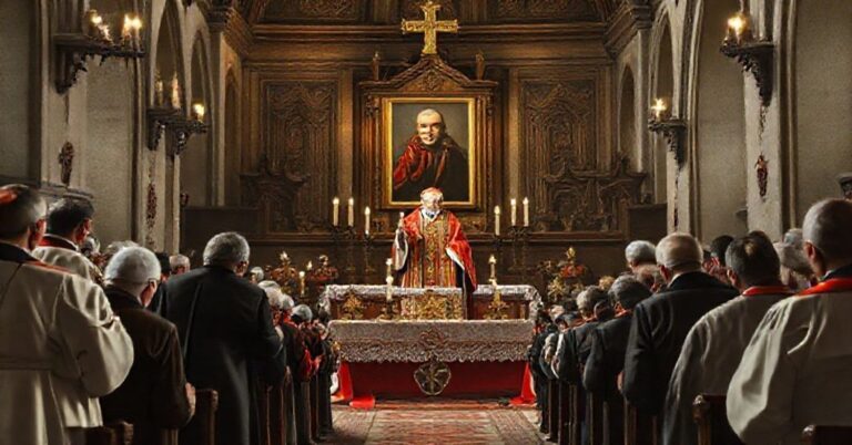 Obraz przedstawiający bluźnierczy kult Karola Wojtyły w strzyżowskiej kolegiacie, gdzie apostaci wznoszą go do rangi patrona powiatu.