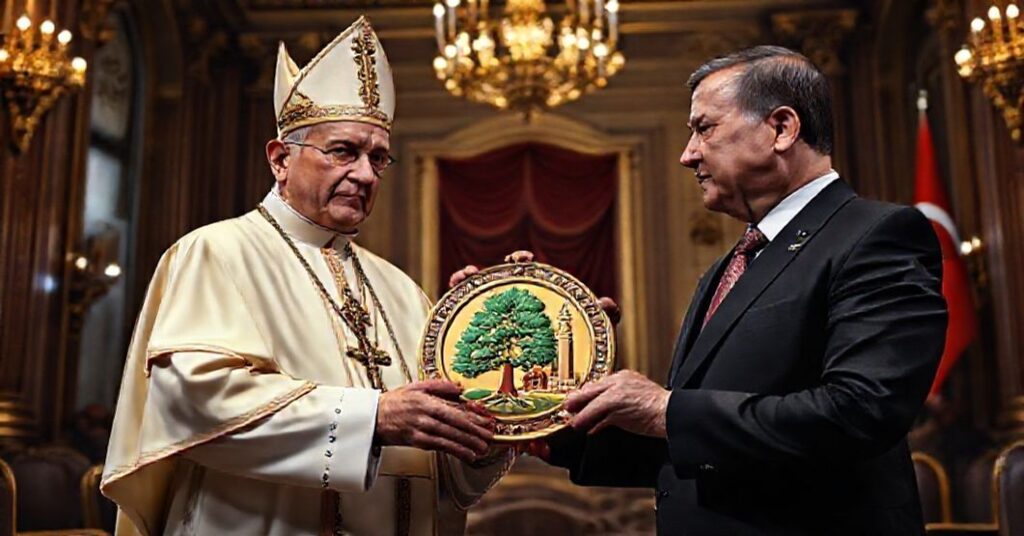 Fałszywy 'Papież' Leon XIV wręcza prezydentowi Turcji Recepa Tayyipa Erdoğana bluźnierczy medal ekumeniczny w pomieszczeniu o bogatej dekoracji.