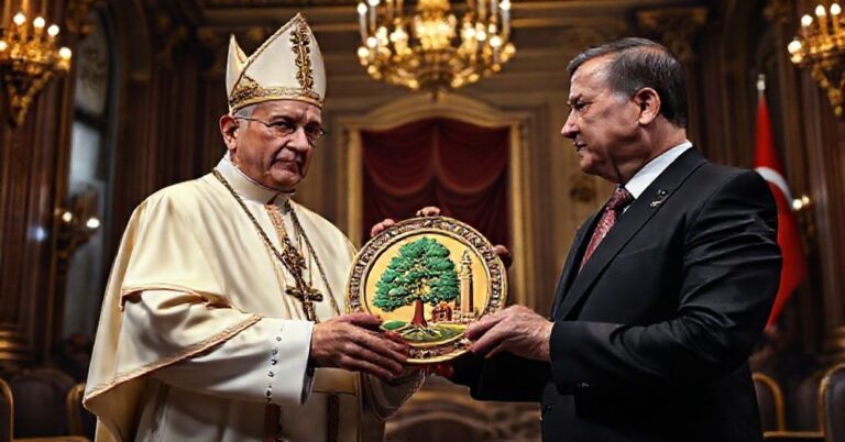 Fałszywy 'Papież' Leon XIV wręcza prezydentowi Turcji Recepa Tayyipa Erdoğana bluźnierczy medal ekumeniczny w pomieszczeniu o bogatej dekoracji.