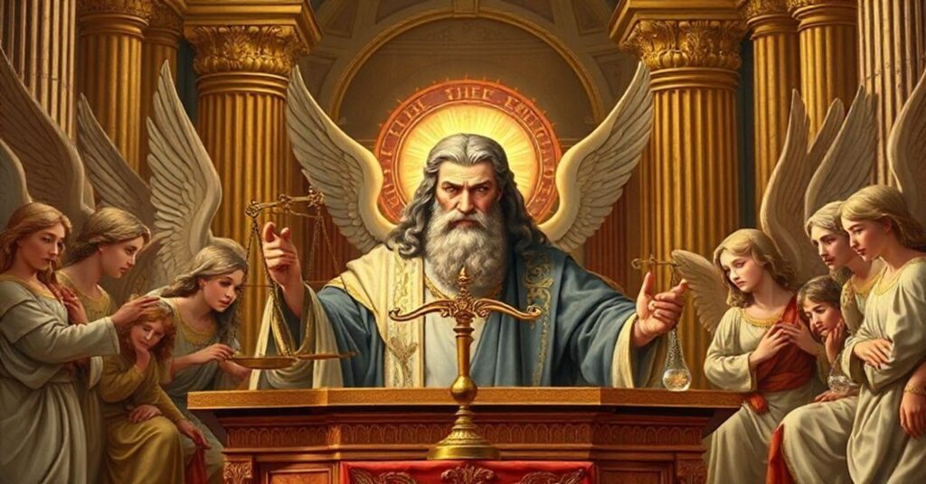 Tradycyjne katolickie przedstawienie Boga jako Sędziego w boskim sądzie z aniołami i wagami sprawiedliwości