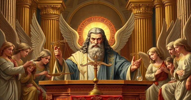 Tradycyjne katolickie przedstawienie Boga jako Sędziego w boskim sądzie z aniołami i wagami sprawiedliwości