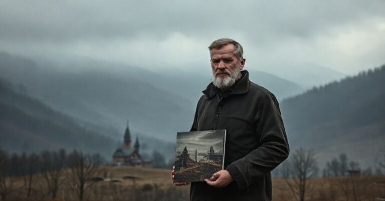 Bogdan Szymanik stoi w Bieszczadach obok albumu sztuki Zdzisława Beksińskiego na tle pozbawionego religijności krajobrazu.