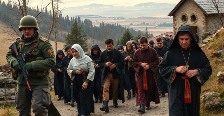 Procesja Bojków w tradycyjnych strójach katolickich wschodnich, oddalających się od profanowanej cerkwi w Bieszczadach, z zachodem w Donbasie na horyzoncie, symbolizująca bożą karę za odrzucenie prawowitego rządów Chrystusa Króla.