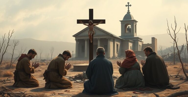 Grupa Bojkowie modlących się przed krzyżem w zniszczonym krajobrazie, symbolizujących ich męczeństwo za wiarę katolicką