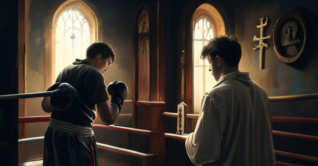 Młody człowiek patrzący z daleka na ring bokserski w ciemnym gimnazjum z rzuconym rękawicą bokserką i patrząc z dala w kierunku drzwi kościoła oświetlonego światłem